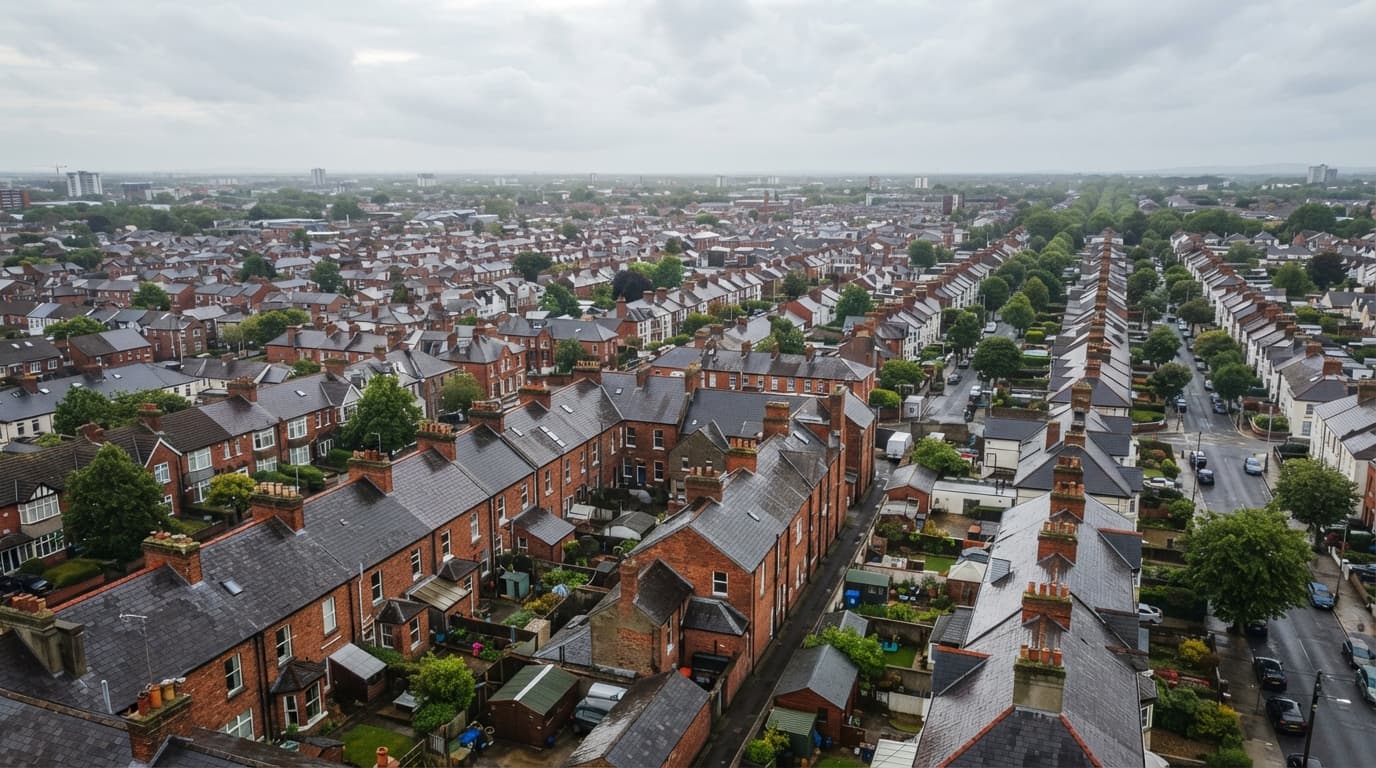 Aerial view of Dublin residential rooftops under overcast sky