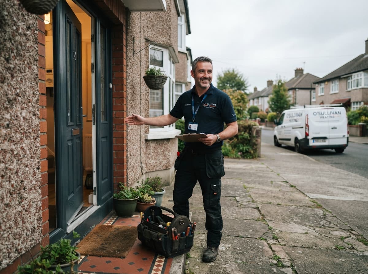 Murphy and Sons engineer at a Dublin doorstep with tool bag