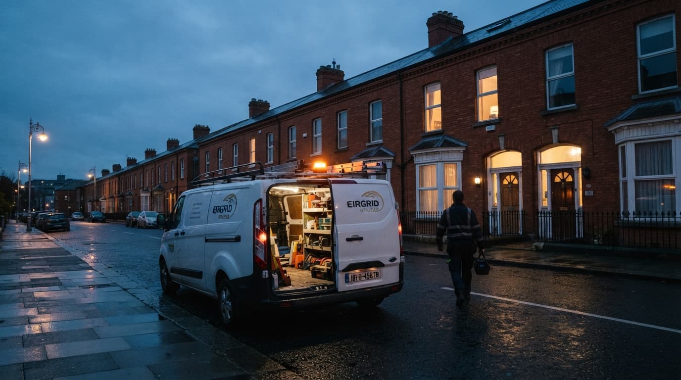 Heating van on a Dublin street at dusk
