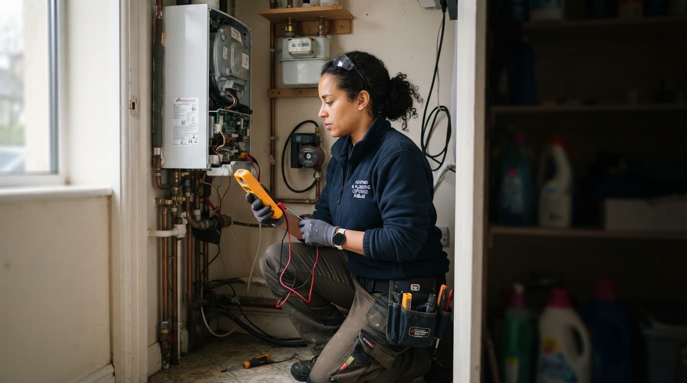 Heating engineer servicing a combi boiler in a Dublin home
